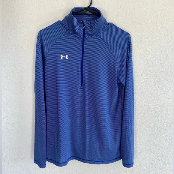 Under Armour Heat Gear 1/4 zip blue gray stripe loose Size M - Picture 3 of 4